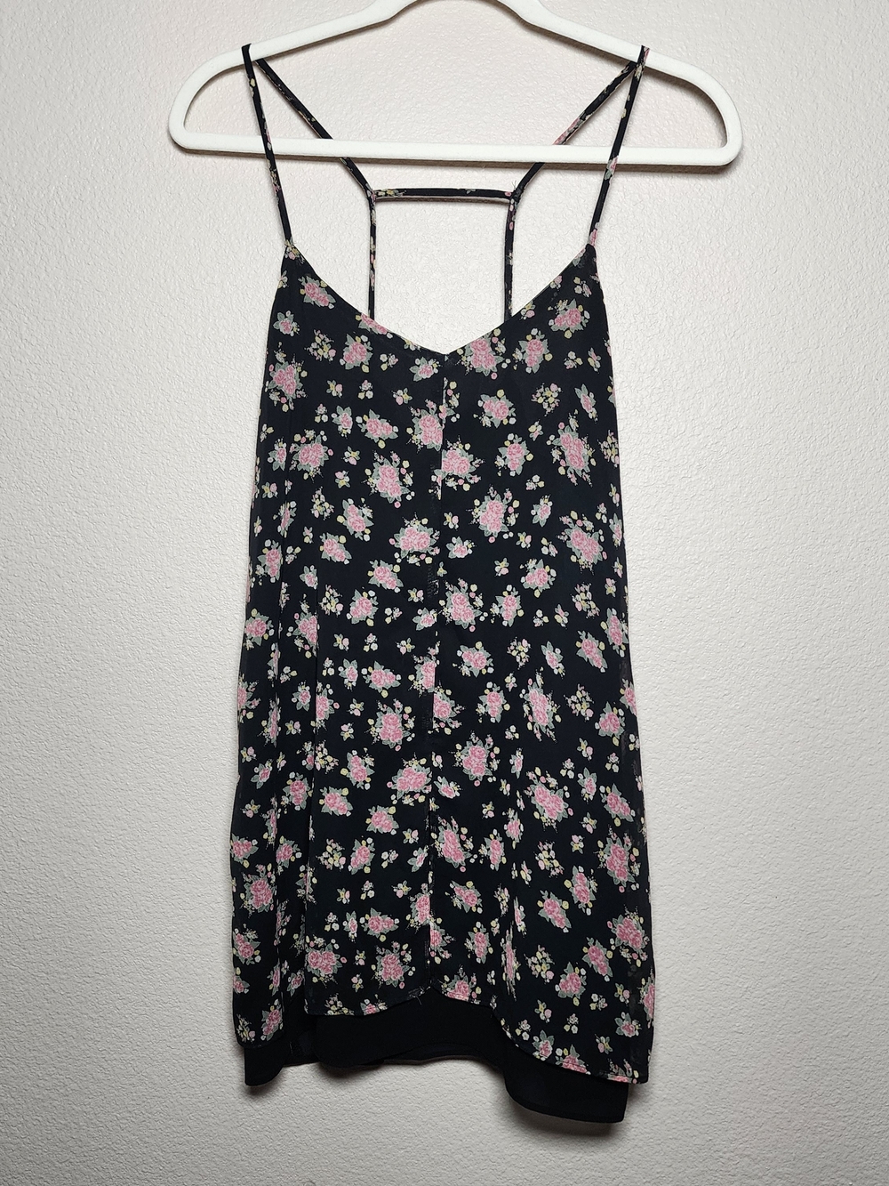 Forever 21 Black Floral Strappy Cami with Pink Print